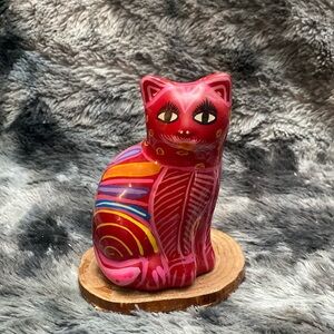 Folk Art Yellow Hand Painted Clay 
Cat Piggy Bank Floral Coin Bank